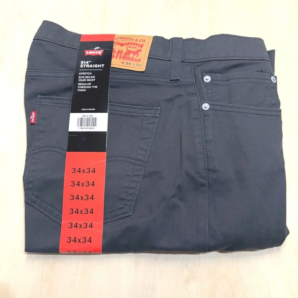 Levis 514 Mens Straight Fit Pants 34x34 Charcoal Grey Cotton Twill Stretch NEW